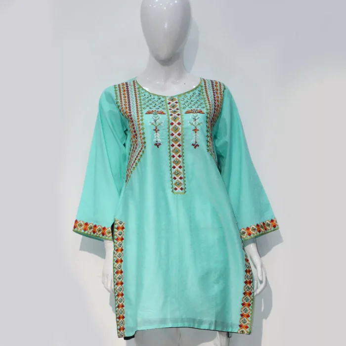 Embroidered Pearl Kurti - Cyan - Image 1