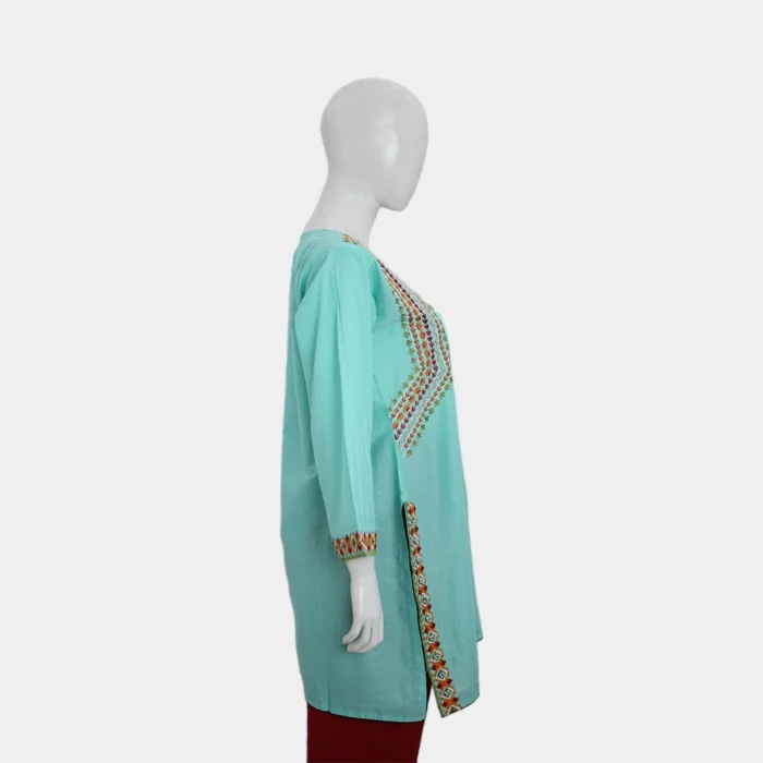Embroidered Pearl Kurti - Cyan - Image 3